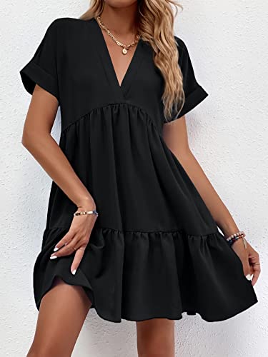 Image of WDIRARA Women's Roll Up Short Sleeve V Neck Ruffle Hem Solid Swing Smock Dress