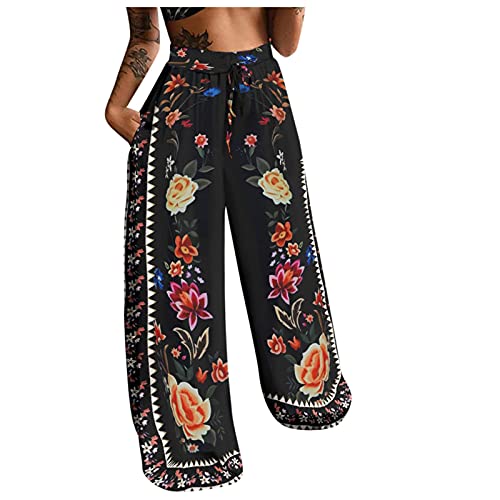 Women Flowers Printing Trousers High Waist Drawstring Wide Leg Trousers Vintage Bohemia Beach Pants with Pockets