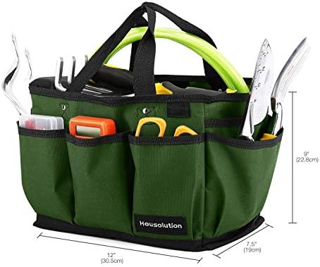 Housolution Gardening Tote Bag, Deluxe Garden Tool Storage Bag and Home Organizer with Pockets, Wear-resistant & Reusable, 12 Inch, Dark Green
