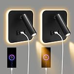 Bedside Reading LED Wall Light, Wall Mounted Reading Lamp with Switch and USB Port, 350° Rotatable Wall Sconce Spotlight for Bedroom, Hallway, Hotel, Adjustable 3000K Warm Lamp, 3W+9W(2pcs-black)