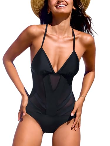 CUPSHE Women's One Piece Swimsuit Plunging V Neck Mesh Bathing Suit Crisscross Strappy Swimwear