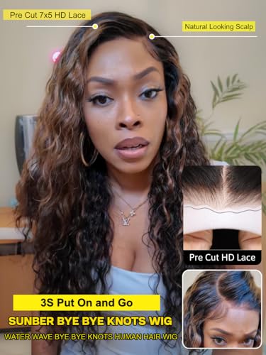 Image of Sunber Bye Bye Knots 7x5 Lace Glueless Water Wave Human Hair Wig 24Inch | Golden Brown Highlights No Slip Wet and Wave Gluless Wig 150% Density Put On Go Pre Bleached Invisible Knots