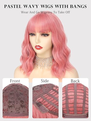Image of Pastel Pink Wavy Bob Wig for Women, Short Shoulder Length Synthetic Wig with Bangs, Natural Looking Lightweight Hairpiece for Gift & Cosplay Costume Party