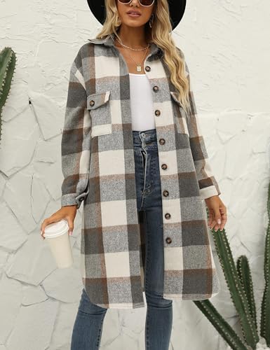 Jhsnjnr Damen Oversize Flanell Hemdjacke mit Knöpfen Warm Langarm Winterjacke Lang Revers Karierte Mantel