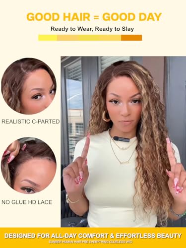 Image of Sunber 13x4 Bye Bye Slip Lace Frontal Bronde Color With Honey Blonde Highlights Water Wave Glueless Human Hair Drawstring Wig Pre Everthing Pre Cut HD Lace Frontal Wigs Pre Plucked Knots 24Inch