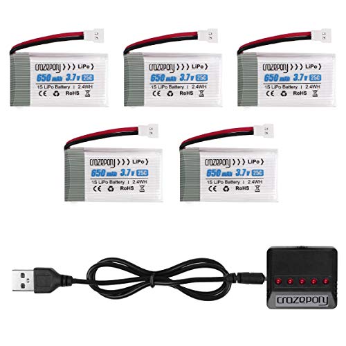 Makerstack 5PCS 1S 3.7V Lipo 650mAh Batería de lipo para SYMA X5C X5 RC Drone Quadcopter Batería Recargable de lipo con Cargador 5 en 1