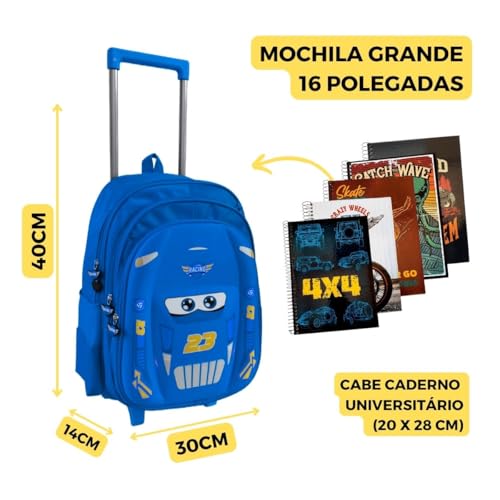 Kit Mochila Rodinha Carros 3d Lancheira Estojo Corrida (Azul)