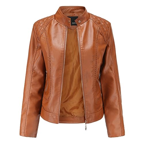 Veste simili cuir femme cintrée col montant marron veste motard zippée
