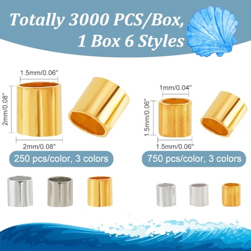 PH PandaHall Crimp Tube Beads, 3000 Pcs 1.5mm 2mm Brass Tube Crimp End Spacer Beads Cord End Caps Loose Stopper Bead for Earring Necklace Pendant DIY Jewelry Gift Making, Golden/Silver/Platinum