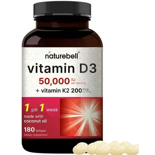 NatureBell Vitamin D3 50,000 IU + K2 200 mcg, 180 Softgels | Once-Weekly Formula with Coconut Oil | Max Strength Bone, Heart & Immune Support | MK-7 Form | Non-GMO