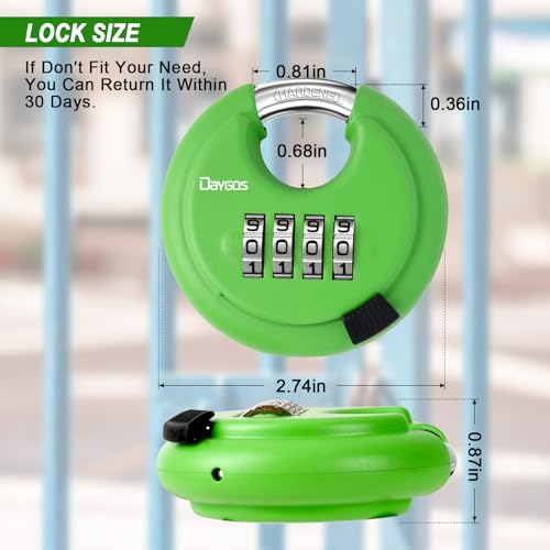 Image of DAYGOS Combination Disc Padlocks for Outdoor - Heavy Duty 4 Digit Code Lock, Combo Discus Lock for Storage Unit,Gate,Fence,Trailer(3 /8-in Shackle,1PCS,Green) | 4 Digit. 3 /8 inch Shackle. 2-3 /4 inch Body. Outdoor Heavy Duty Round Lock for Locker Shed,Gate,Fence (1PCS,Black)