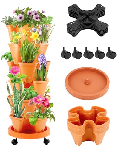 QWORK® Pflanzturm, Vertikaler Garten mit 6 Etagen, Kunststoff Stapelbar Pflanztöpfe, Stapelbar Gemüse, Erdbeeren, Blumen