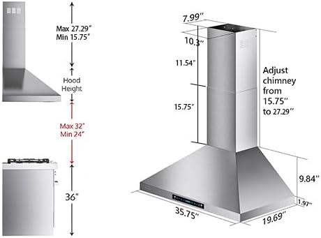 Detailed dimensions of the HisoHu PA02-36 range hood and recommended mounting height