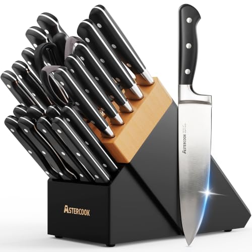 Image of Astercook Kitchen Knife Set Full Tang with Block and Sharpener Elegant