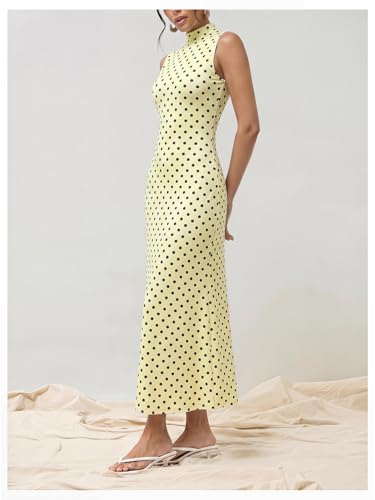 Image of Milumia Women's Polka Dots Maxi Tank Dress Vintage Mock Neck Sleeveless Elegant Long Dresses