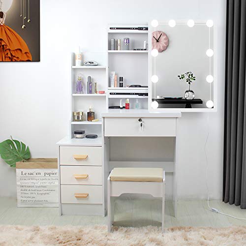 Vanity Set Makeup Vanity Dressing Table with Sliding Lighted Mirror, Girls Dressing Table with 10 LED Light Bulbs & 3 Color Lighting Modes, 4 Drawers and Cushion Stool for Bedroom, Dressing Room