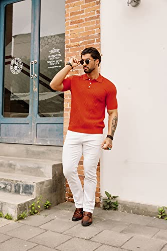 Mens Knit Golf Polo Shirt Classic Solid Argyle Button Golf Pullover Orange Red M #TOP4