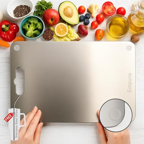 Image of 304 Stainless Steel Rectangular Chopping Board for Kitchen | with 1 Steel Straw & Anti-Skid Silicon Pad | 31 x 21 cm | for Cutting Vegetables, Meat, Fish, Fruits | Multipurpose | Medium