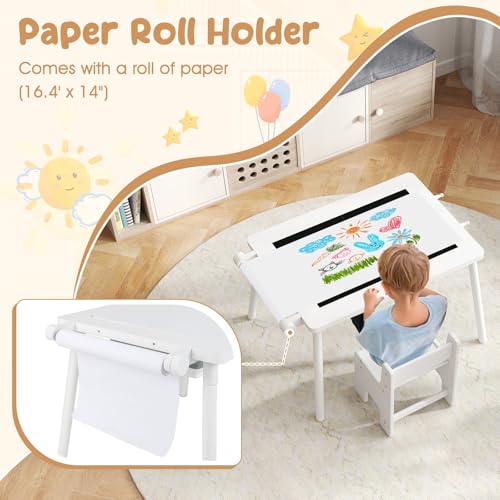 Image of Costzon Kids Table and Chair, 6 in 1 Sensory Desk Set w /Storage Bins, White & Black Board, Building Blocks and Paper Roll for Drawing & Sand Water Playing, Toddler Table and Chair Set (White)