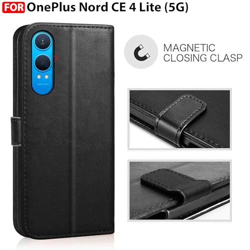 Image of CEDO Flip Cover for OnePlus Nord CE 4 Lite / CE4 Lite (5G) | Leather Finish | Inside Pockets & Inbuilt Stand | Shockproof Wallet Style Magnetic Closure Back Case Flipcover (Black)