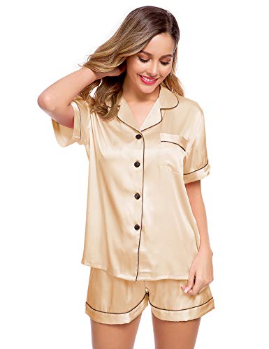 Image of LecGee Womens Silk Satin Pajamas Short Sleeve Loungewear Two-Piece Sleepwear Button-Down Pj Set