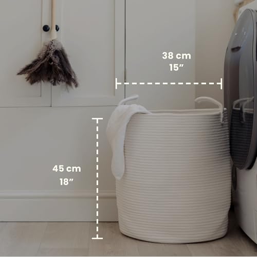 Image of OrganiHaus Tall Cotton Rope Laundry Basket & Hamper, Blanket Storage 52L | Full Off-White - Tall Cotton Rope Hamper, 52L