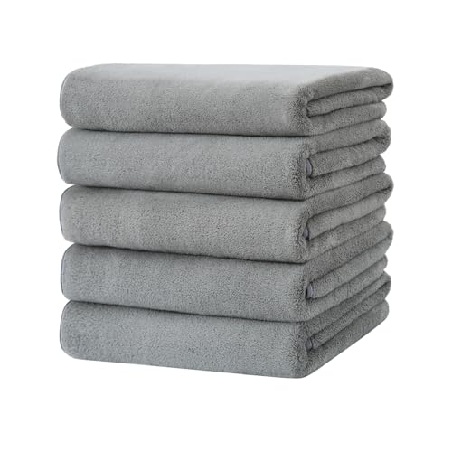 バスタオル 5枚セット マイクロファイバー 大判 60×120cm ふわふわ 柔らかい肌触り タオル 吸水 速乾 通気 肌に優しい お風呂上がり 家庭用 ホテル仕様 (グレー)