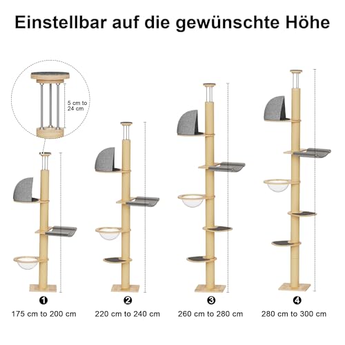 FUKUMARU Kratzbaum, 6 Etagen bis zur Decke reichender Katzenturm(220-300cm), wandmontierter Katzenbaum,aus Natürliches Gummibaumholz, mit Transparente Raumkapsel und gemütlicher Hängematte, grau – Bild 7