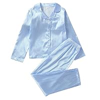 Girls Striped Silk Pyjamas Long Sleeve Boys Satin Pajamas Button Up Pjs Kids Lapel Matching Shirts Trousers Sets Pocket Comfy Soft Sleepsuits (Blue, 12 Years)