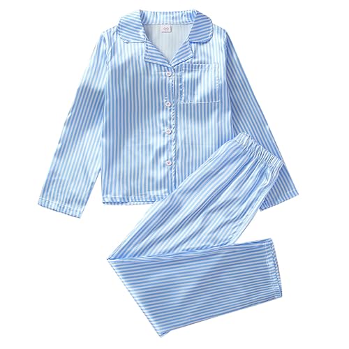 Teen Boys Girls Satin 𝐏a𝐣ama Set Striped Long Sleeve 𝗦ilk 𝐏a𝐣amas 2 Piece 𝐋oun𝐠ewear Button-Down 𝐏𝐉𝘀 𝐒lee𝐩wear