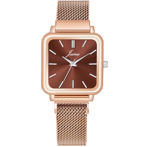 Image of jainx Square Dial Rose Gold Mesh Chain Analog Wrist Watch for Women (Rose Gold /Brown /Black /Silver /Green Color Dial)
