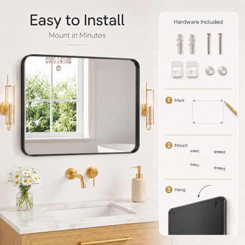 Image of 30 inchx40 inch Rounded Corners Black Bathroom Mirror - Metal Framed with HD Shatter-Proof Glass, Wall-Mounted for Over Sink, Entryway, Living Room, Bedroom