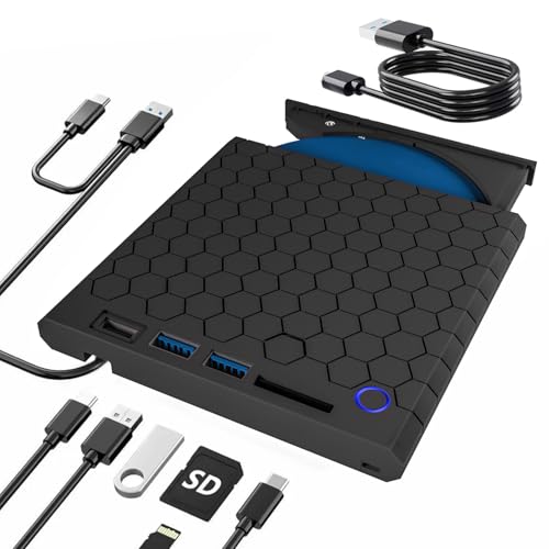 VZIKLER 6-in-1 External CD DVD Drive for Laptop USB 3.0, Type-C Optical DVD Drive ROM Burner Rewriter for Laptop PC Mac WindowsXP /2003, Win 7/8/8.1/10,Vista,Linux,Mac 10 OS System