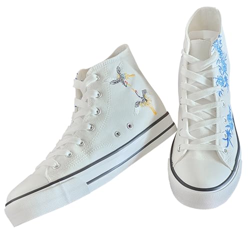 Women's Canvas High Top Embroidered Sneakers, Lace Up, White with Blue Floral Embroidery2