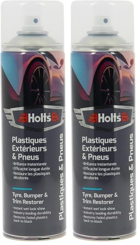Holts Rénovateur Plastiques Extérieurs et Pneus – Ravive Couleur et Brillance – Finition Showroom Longue Durée – pour Pare-Chocs, Pneus, Joints – Aérosol 500ml (Lot de 2)