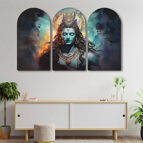 Image of SAF Lord Shiva Wall Art 3 Panel Set | Tranquil Mahadev Painting on MDF Board | Spiritual Wall Hanging for Living Room Bedroom Temple Office Home Decor (30 x 50 Inch) RPNL-67