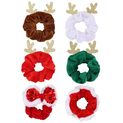 KIUEZIR Christmas Hair Scrunchies Ponytail Holders for Women Girls Soft Elastics Hair Bands Cute Hair Ties with Deer Antler and Bow Christmas Hair Accessories for Gifts