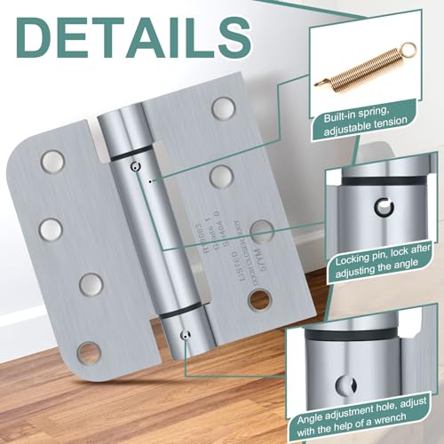 Hicarer 4 Pcs Self Closing Door Hinges 4'' Square 5/8 Inch Radius Corners Auto Spring Loaded Hinges Adjustable Tension Automatic Door Closer Hinge For Garage Commercial Front Back Left Right Hand Door thumb #2
