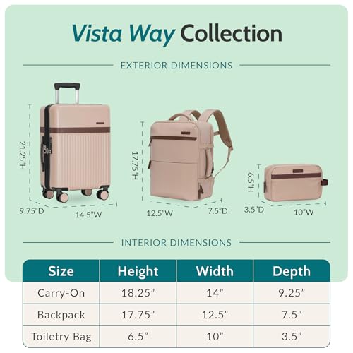Image of U.S. Traveler Vista Way 3-Piece Travel Set, 21-Inch Carry-on Hardside with TSA Lock, 18-Inch Travel Backpack with Laptop Sleeve, Toiletry Bag, Green