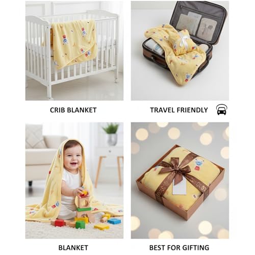 Image of Ultra-Soft Baby Hooded Blanket | Newborn Baby Wrapping | Coral Fleece Material Hypoallergenic | Towel Cum Blanket with Teddy Design (0-3Years) (Yellow)