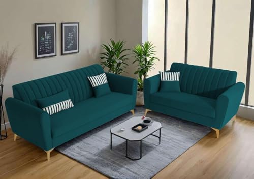 Image of Adorn India Premium Luster 3-2 Sofa Set | Velvet Suede Fabric | 3-Year Warranty | Color Ocean Blue with Golden Legs & Striped Pattern Cushion