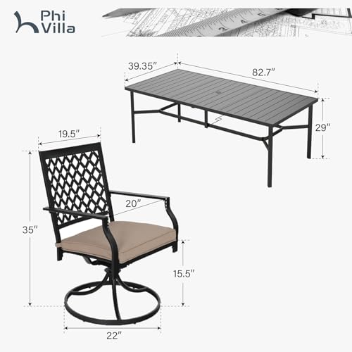 Image of PHI VILLA 7 Pcs Outdoor Dining Set for 6&83 inch Rectangle Metal Steel Table | Swivel Wrought Iron Chairs with Cushions, Outside Furniture Set for Patio, Deck, Yard, Porch