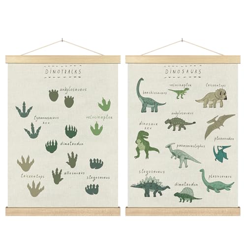 Image of BCUANGD Dinosaur Dino Wall Decor Set of 2 - Baby Toddler Boys Room Wall Art Poster Hanger with Wood Frames, Inspirational Wall Hanging Canvas Decor for Kids Room Playroom Nursery Bedroom, 12x16 Inches