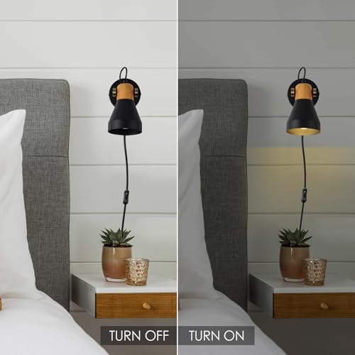 Image of Modern Plug-in Wall Sconces, Matte Black | Adjustable Reading Light, Real Wood Accent, For Bedroom, Living Room, Apartment, Home Office