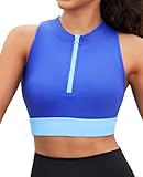 beautyin Ribbed Bikini Tops Only Front Zipup High Neck Sports Swim Bra Sleeveless Crop Tops Blue