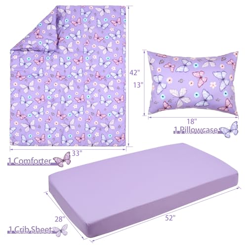 Image of JISEN 3 Piece Crib Bedding Set Soft Baby Crib Bedding Set Butterfly Crib Comforter Set - Comforter Sheet Pillowcase Nursery Bedding Sets for Baby Girls or Boys Purple