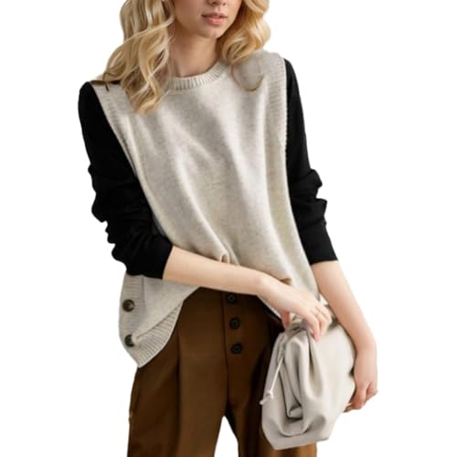 Image of Women's Cable Knit Sleeveless Vest, Ladies Tank Top Chunky Side Buttons Sweaters with Round Neck, Pull Over Soft Casual Stylish Vintage Knitwear, Beige, One Size