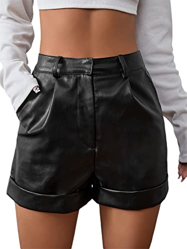 Floerns Short taille haute en cuir synthétique avec poches pour femme, Petite Black, XX-Small Cover