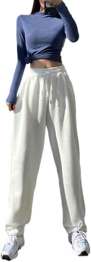 KEHAIOO Women Sports Joggers Pants, Korean Oversize Gray Jogging Sweatpants, Baggy High Waist White Trousers