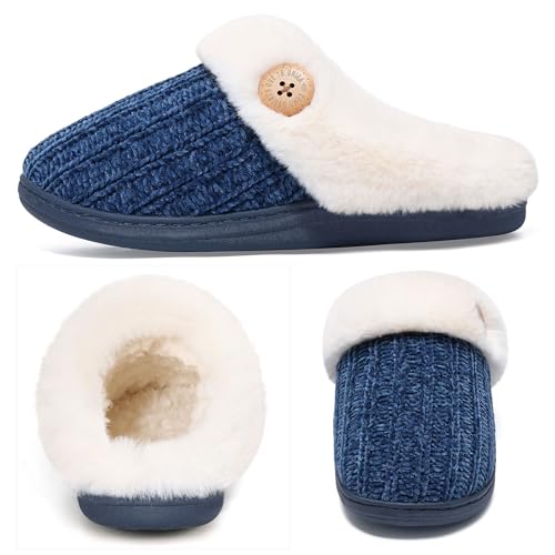 Image of Evshine Warm Knit House Slippers for Women Comfy Wool-Like Lined Chenille Slippers with Memory Foam and Indoor Outdoor Soles